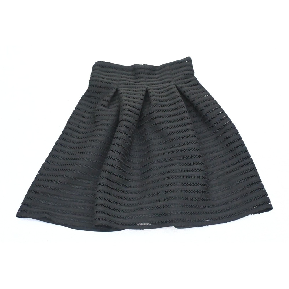 Womens Black Box Pleat Skater Skirt Striped Honeycomb Mesh Lined Knee Length